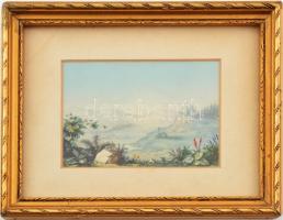Jelzés nélkül, feltehetően XIX. sz. második fele: Romantikus táj. Akvarell, papír. Üvegezett keretben 8x11 cm
