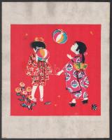 Vietnámban szolgáló amerikai katonát ábrázoló nyomat, 25x21 cm + Távol-keleti szövetkép (labdázó gye...