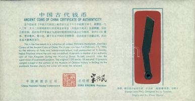 Kína i. e. 475-221. Ming-periódus késpénz másolata bélyeges érmés borítékon T:1 hátoldali ismertetőv...