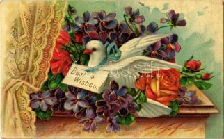 1908 Best Wishes / Art Nouveau, flower greeting card. Emb. golden litho