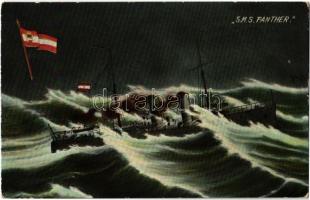 1914 SMS Panther osztrák-magyar torpedócirkáló este / K.u.K. Kriegsmarine / Austro-Hungarian Navy SMS Panther, torpedo cruiser at night, navy flag. G. Fano No. 75. + Feldpost (EK)