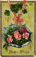1910 Best Wishes / Art Nouveau, flower greeting card. Emb. golden litho (EK)