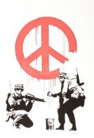 Banksy: Peace. Ofszet litográfia, papír, jelzett a nyomaton, POW Printmakingszárazpecséttel Grafiart - Aviomar UK. tanúsítvánnyal Számozott: 68/150. Képméret:55x37 cm. Lapméret: 70x50 cm, / Numbered, marked