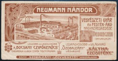 cca 1910 Debrecen, Neumann Nándor Vegyészeti Gyár és Festékáru Nagykereskedésének számolócédulája, rajta a gyár képével, 7x14 cm