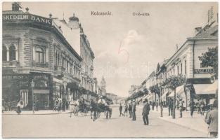 Kolozsvár, Cluj; Unió utca, Kereskedelmi bank, Schultz Rezső, Tauffer József özvegye és Rácz Béla borbély és fodrász üzlete. Gombos Ferenc kiadása / street, bank, shops, barber and hairdresser