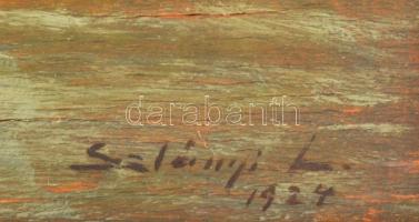 Szlányi Lajos (1869-1949): Szolnoki Tiszapart, 1924. Olaj, falemez, jelzett, kissé sérült. Dekoratív...