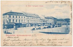 1901 Kolozsvár, Cluj; Fő tér nyugati része, drogueria, Schuster és Kónya Sándor üzlete. Dunky fivérek fényképészek kiadása / main square, shops