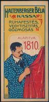 cca 1910 Kassa, Haltenberger Béla, ruhafestés, vegytisztítás, gőzmosás, reklámos litografált számolócédula, Bp., Bakács-ny., 13x6 cm