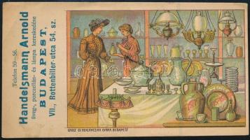 cca 1910 Handelsmann Arnold, üveg-, porczellán- és lápma kereskedésének színes reklám számolócédulája, 13x7 cm