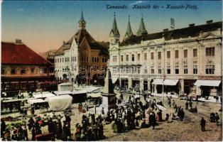 Temesvár, Timisoara; Kossuth tér, piac, emlékmű, villamos, Goldmann S. üzlete / market, square, monument, shops