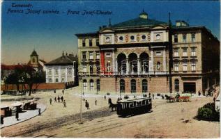 Temesvár, Timisoara; Ferenc József színház, villamos, piac / theatre, tram, market