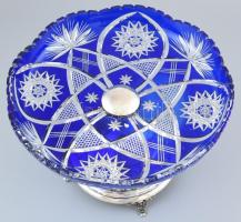 Ezüst (Ag) talpas kínáló, főnemesi koronás monogrammal, dúsan csiszolt, kék ólomkristály tállal. jel...