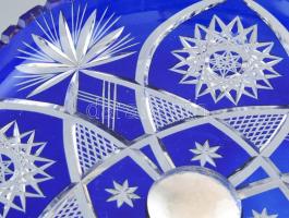 Ezüst (Ag) talpas kínáló, főnemesi koronás monogrammal, dúsan csiszolt, kék ólomkristály tállal. jel...