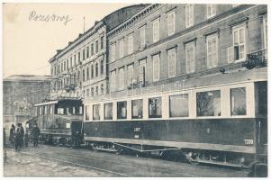 Pozsony, Pressburg, Bratislava; Elektrische Bahn (Pressburger Bahn). K.B. 10. II. 1914. Musterschutz / Pozsony-Bécs villamos vasút, vonat / tram, Bratislava-Wien urban railway