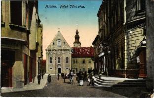 Zsolna, Sillein, Zilina; Felső Sánc utca, szálloda és kávéház, divatáruház üzlete / street, hotel and cafe, shop (EK)