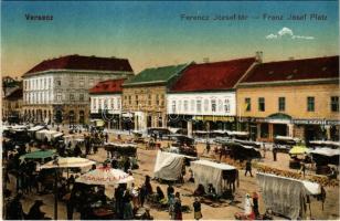 Versec, Vrsac; Ferenc József tér, piac, Kern György, Adolf Henn, Michael Bosnyacsk és Győri Mór üzlete, Turul cipőgyár rt. Gábor Lajos kiadása / square, market, shops