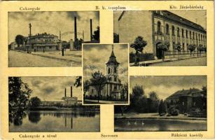 1948 Szerencs, Rákóczi kastély, Cukorgyár a halastóval, Cukorgyár bejárata, Kir. Járásbíróság, Római katolikus templom (EK)