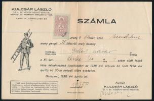 1938 Bp., Kulcsár László kéményseprő mester fejléces számlája, 2f okmánybélyeggel, néhány apró szakadással