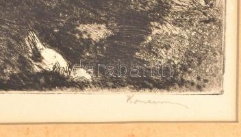 Konecsni György (1908-1970): Faluvégle, rézkarc, papír, jelzett, 29,5×38,5 cm