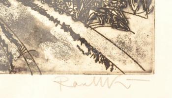 Raszler Károly (1925-2005): Menet vonat. Rézkarc, papír: Jelzett 12x15 cm