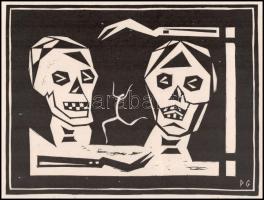 Póka György (1944 - ): Koponyák. Linómetszet, papír. Jelzett, 17x23 cm