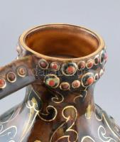 Zsolnay népies ihletésű, korsó. Felületén plasztikus díszítmények. Jelzett: kobaltkékkel festett csa...