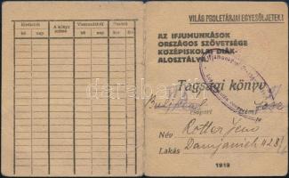 1919 Az Ifjúmunkások Országos Szövetsége Középiskolai Diákalosztálya tagsági könyv