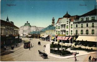 Nagyvárad, Oradea; Bémer tér, villamos, Neumann M. üzlete / square, tram, shops