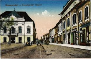 Rimaszombat, Rimavská Sobota; Erzsébet tér, Altmann Sámuel üzlete, bazár. Ifj. Rábely Miklós kiadása / street view, shops, bazaar