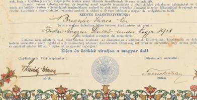 1931 K(eöpeczi) Sebestyén József (1878-1964): Romániai Magyar Dalosszövetség díszoklevele a Tordai M...