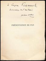 Jean Giono: Présentation de Pan. A szerző, Jean Giono (1895-1970) által DEDIKÁLT példány. Les Amis d...