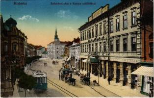 Miskolc, Széchenyi utca, Korona szálloda, villamos. Vasúti levelezőlapárusítás 49. sz. 1917. (EK)