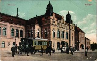 1915 Szeged, Pályaudvar, vasútállomás, villamos. Várnay L. kiadása (EB)