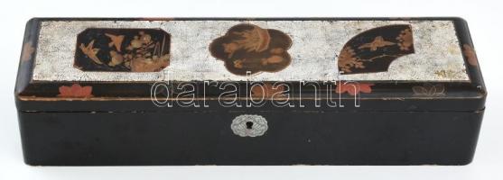 Régi keleti doboz, kopott, korának megfelelő sérülésekkel, 10x35 cm