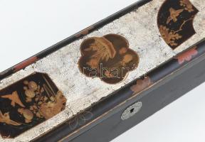 Régi keleti doboz, kopott, korának megfelelő sérülésekkel, 10x35 cm