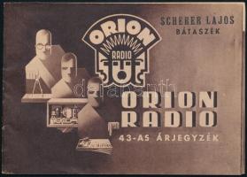 1943 Orion rádió 43-as árjegyzék, fekete-fehér képekkel illusztrált, a borítón art deco grafikával, levált borítóval