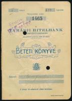 1936 A Tamási Hitelbank Rt. betéti könyve, bejegyzésekkel, lyukasztással, 16 p.