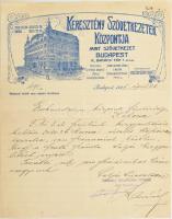 1915 Bp. IX., Keresztény Szövetkezetek Központja mint Szövetkezet fejléces levélpapírjára írt levél, rajta az üzlet képével
