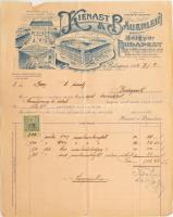 1912 Bp., Kienast Bäuerlein Bélgyár fejléces levélpapírjára írt számla, rajta a gyár látképével