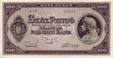 1945. 100P érdekes tévnyomat: az alsó "A bankjegyek... kezdetű feliraton teljes ékezethiány, valamint hiányos betűk pl "T" helyett "I" valamint félbetűk találhatók! T:II-(pici lyuk a bal alsó ívszélen)