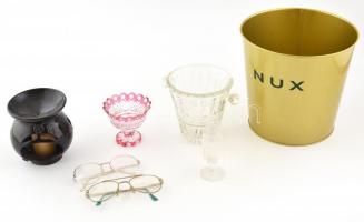 Vegyes bolha tétel: fém kaspó, üveg vödör, kerámia mécsestartó, 2 db szemüvegkeret