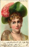 1900 Kalapos hölgy, díszített litho / Lady in hat. Decorated litho