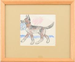 Reich Károly (1922-1988): Kutya, mese illusztráció. Kréta, papír, jelzés nélkül, hátoldalán BÁV címkéjén feliratozott. Üvegezett fakeretben, 10×10,5 cm