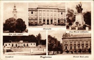 1948 Nagykanizsa, Római katolikus templom, Törvényház, 20-as honvéd emlékszobra, Strandfürdő, Nemzeti Bank palota + "Honvéd határvadász zászlóaljparancsnokság kiképző század Nagykanizsa, Dózsa György laktanya" (fa)