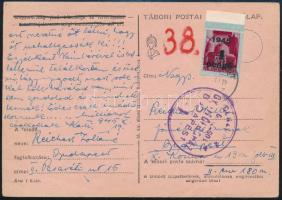 1945 Bp., gyűjtőfogházba küldött tábori posta levelezőlap, zsidók deportálásával kapcsolatos tevékenység vádjával fogvatartott személy részére. ,,(...) egyébként rém jó hírt hozott, mert megvannak a zsidó nők, akik a gyárba, a gettóba voltak (...) Országos Gyűjtőfogház Budapest bélyegzővel.