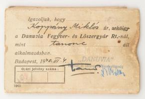 1940 Bp., Danuvia Fegyver- és Lőszergyár Rt. fényképes igazolvány