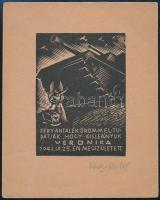 Fery Antal (1908-1994): "Fery Antalék örömmel tudatják, hogy kisleányuk Veronika 1943.IX.25-én megszületett". Linómetszet, papír, jelzett, 7x5 cm