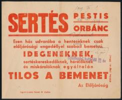 1949 Sertéspestis-orbánc, egészségügyi figyelmeztető nyomtatvány, 21x17 cm