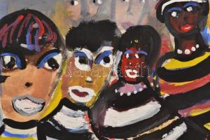 Gábor Marianne (1917-2014): Négy alak, tempera, papír, jelzett, kartonra ragasztva, 21,5×26,5 cm