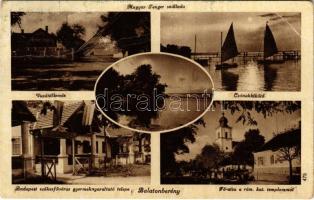 1952 Balatonberény, vasútállomás, Magyar Tenger szálloda, Csónakkikötő, Budapest székesfőváros gyermeknyaraltató telepe, Fő utca, római katolikus templom (fa)